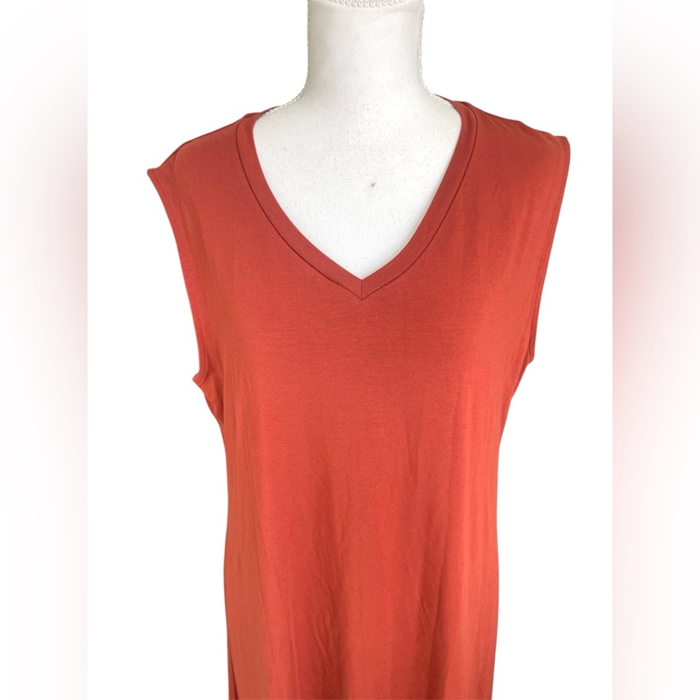 NWT Eileen Fisher Sleeveless V Neck Jersey Midi Dress Red Orange Lagenlook LARGE - Picture 4 of 12